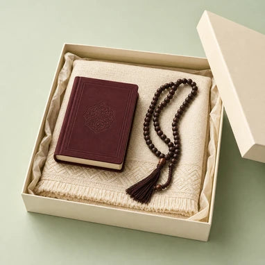Boxed Quran, prayer mat and tasbeeh gift set representing the Gifts collection
