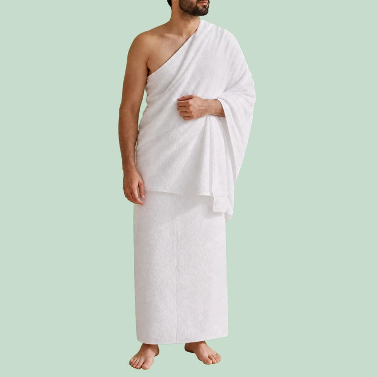 Man wearing adult Ihram for Hajj and Umrah essentials