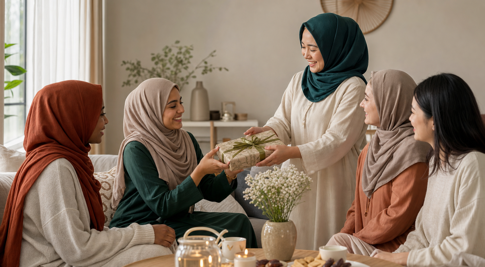 Friends sharing a gift at home