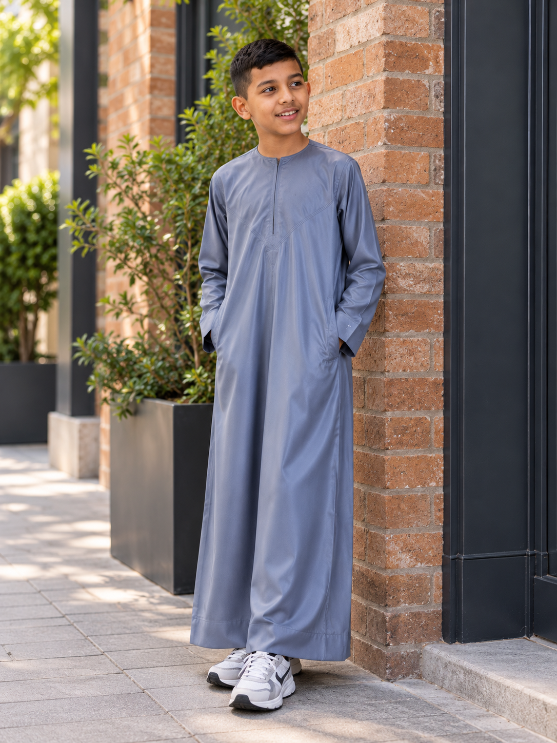 Islamic Impressions Boy's Silky Thobe in Grey — Lifestyle view