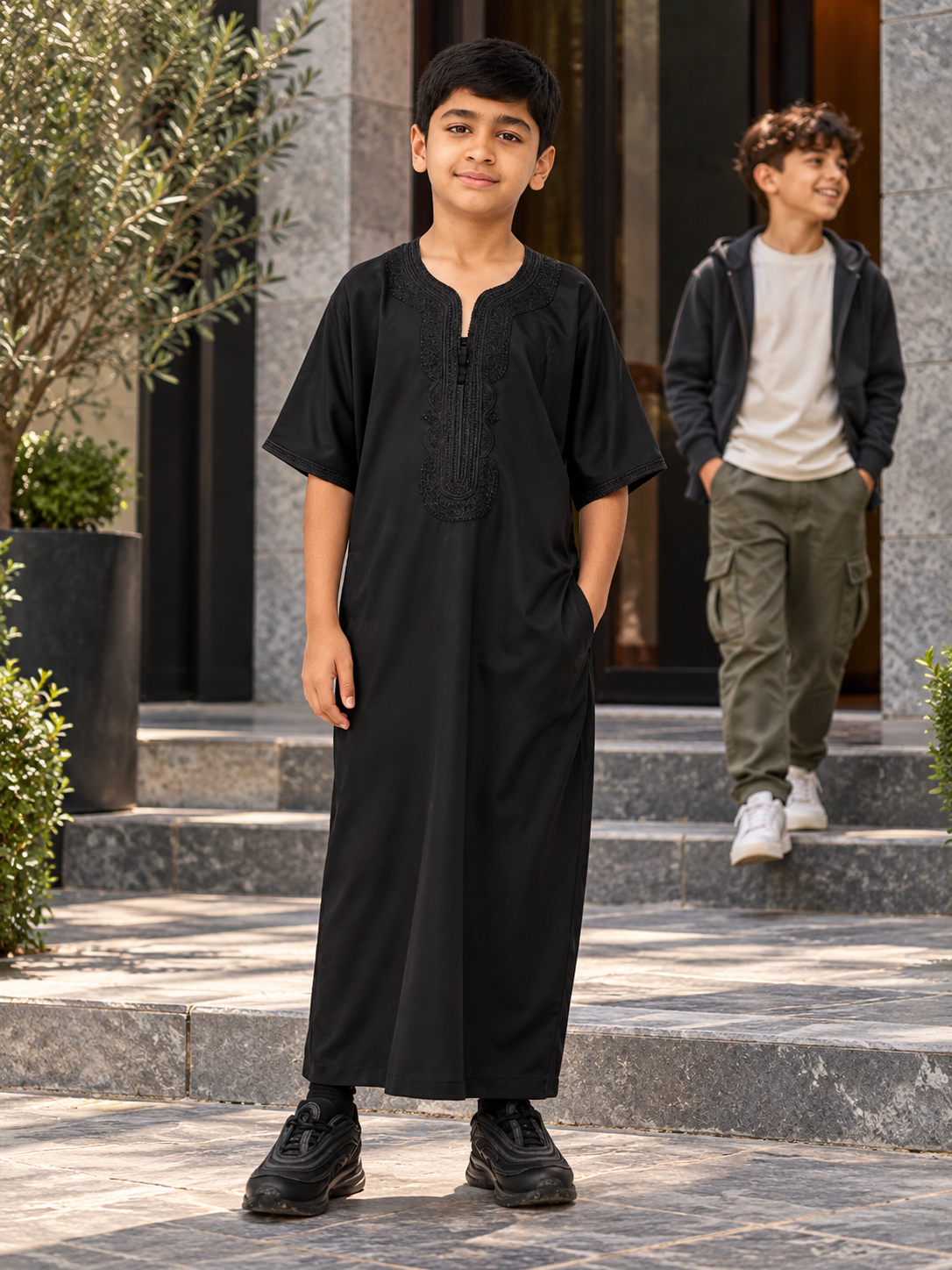 Boy's Moroccan Thobe in Black — Lifestyle view
