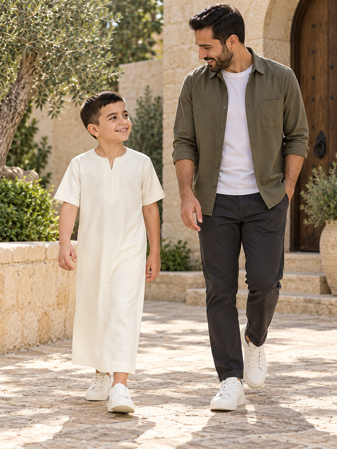 Boy's Moroccan Thobe in Cream — Lifestyle view