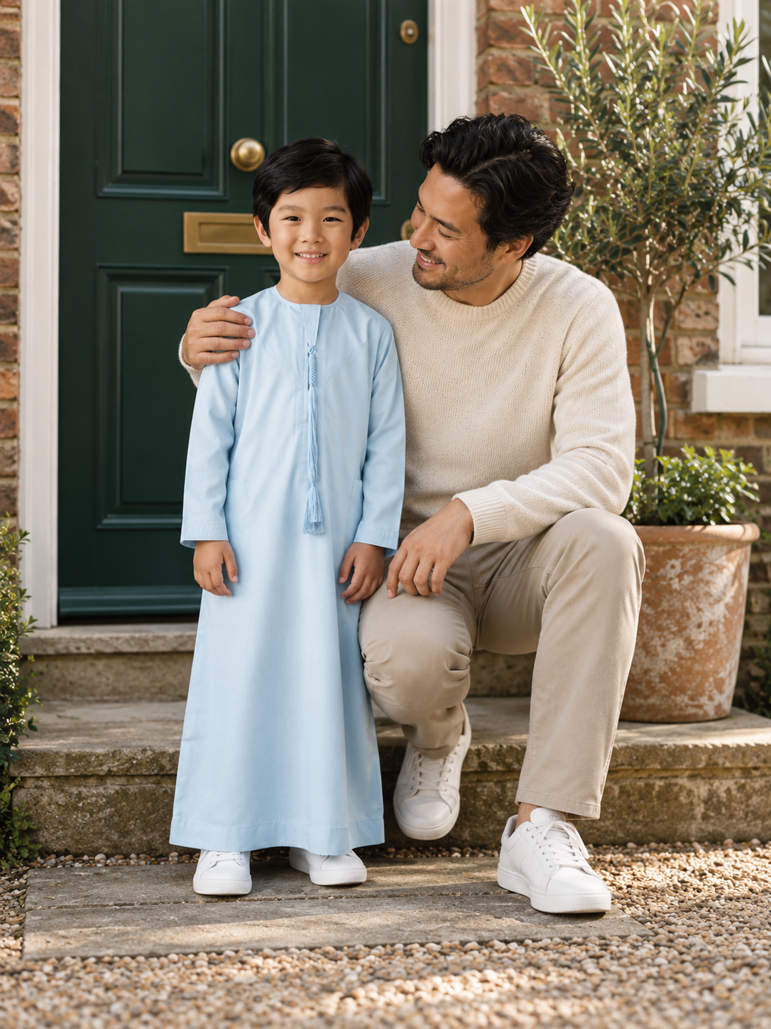 Islamic Impressions Boy's Omani Tassel Thobe in Light Blue — Lifestyle view