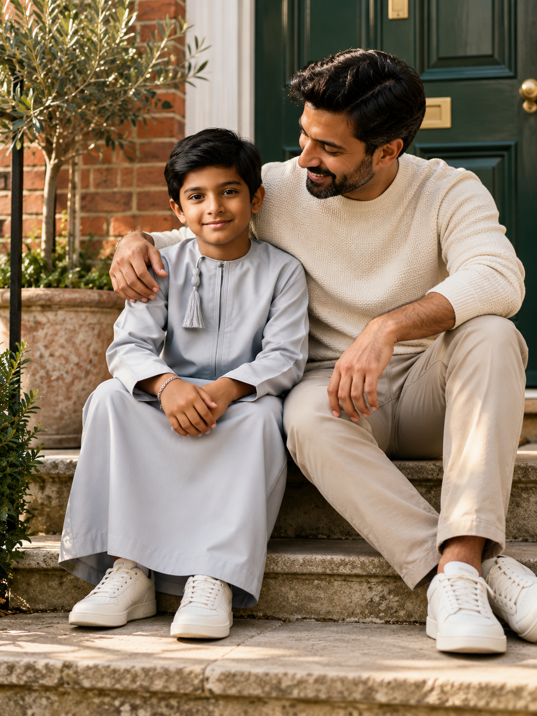 Islamic Impressions Boy's Omani Tassel Thobe in Platinum Grey — Lifestyle view