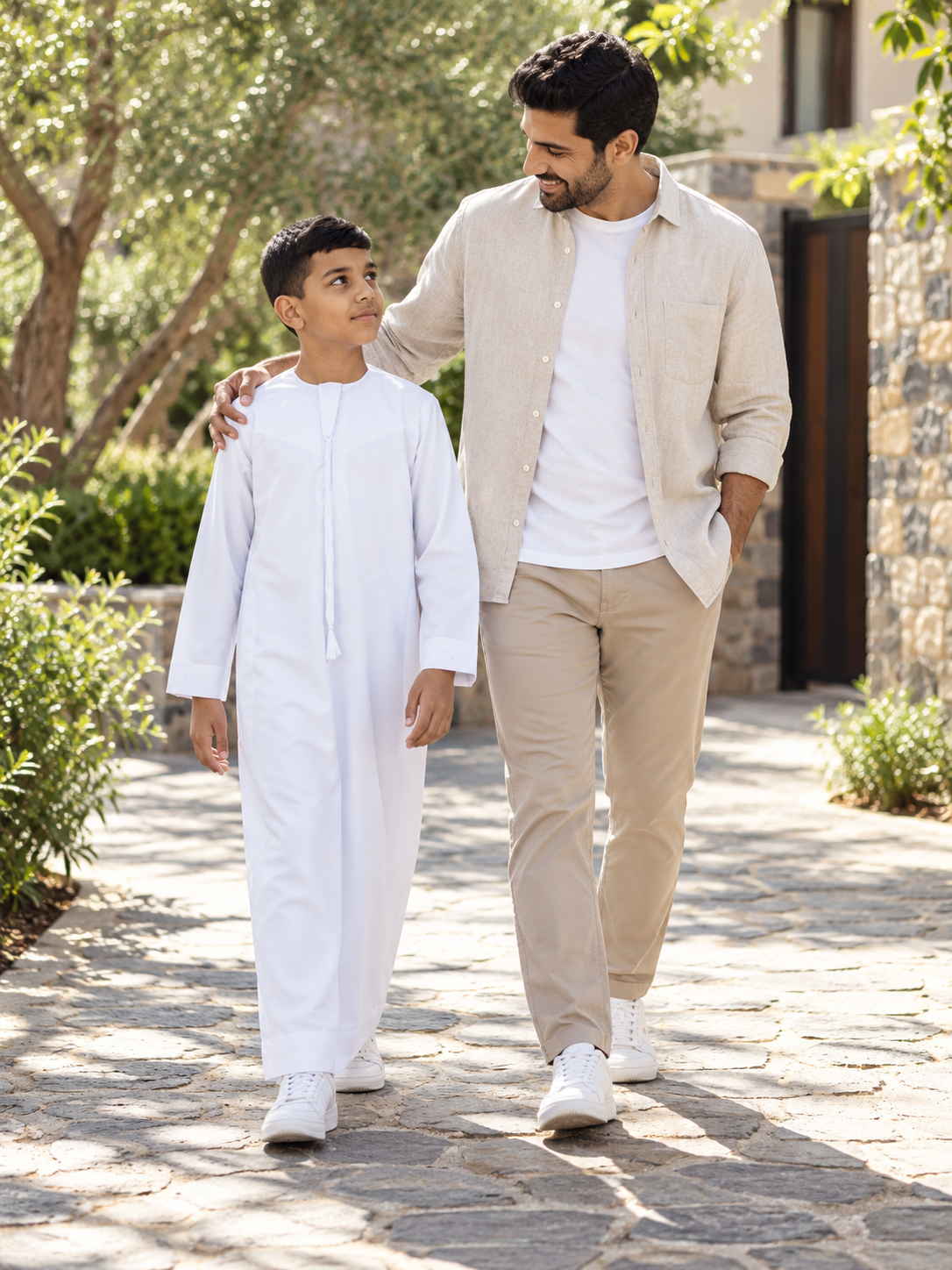 Islamic Impressions Boy's Omani Tassel Thobe in White — Lifestyle view