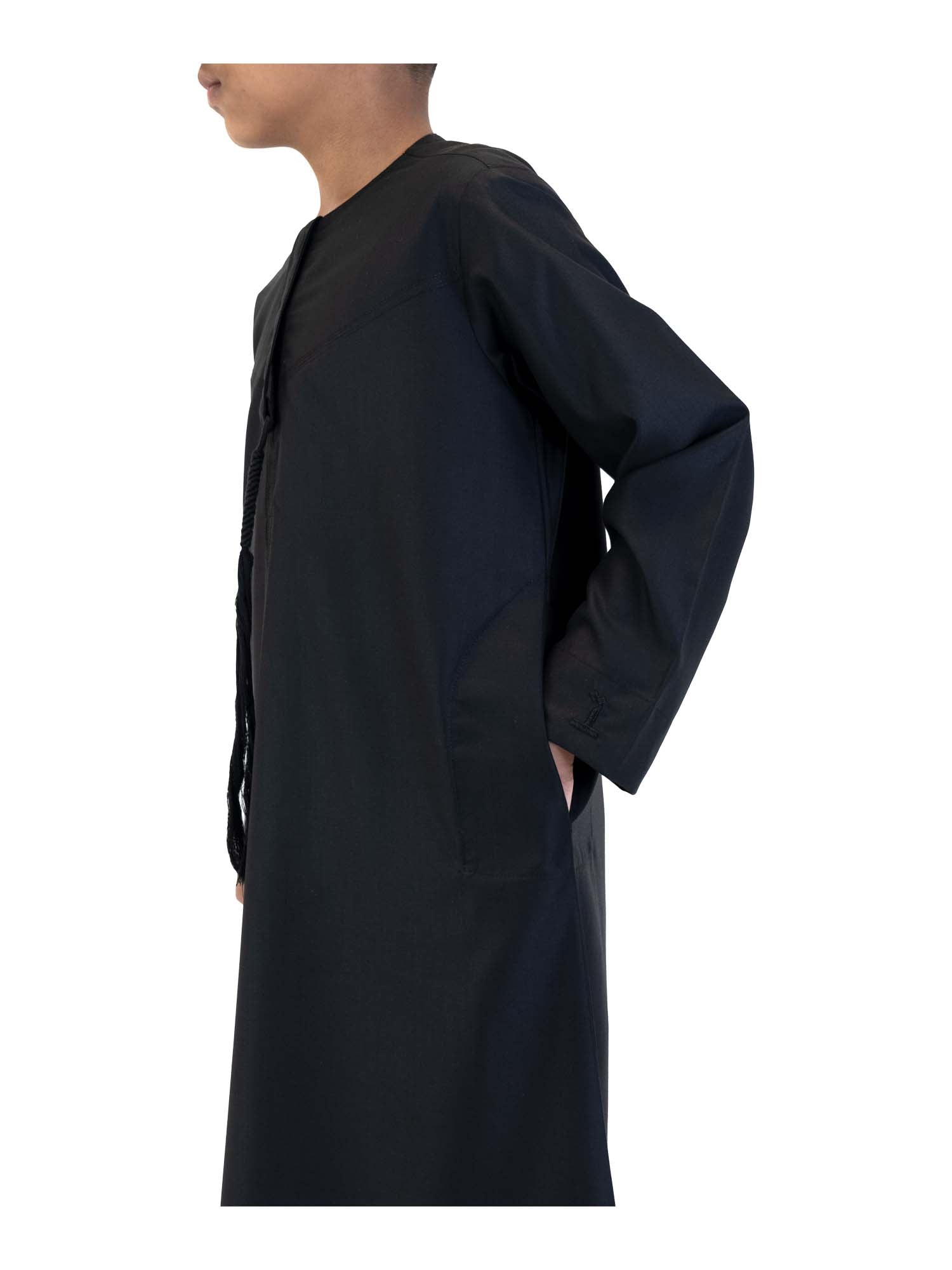 Islamic Impressions Boy's Omani Tassel Thobe in Black — Studio view