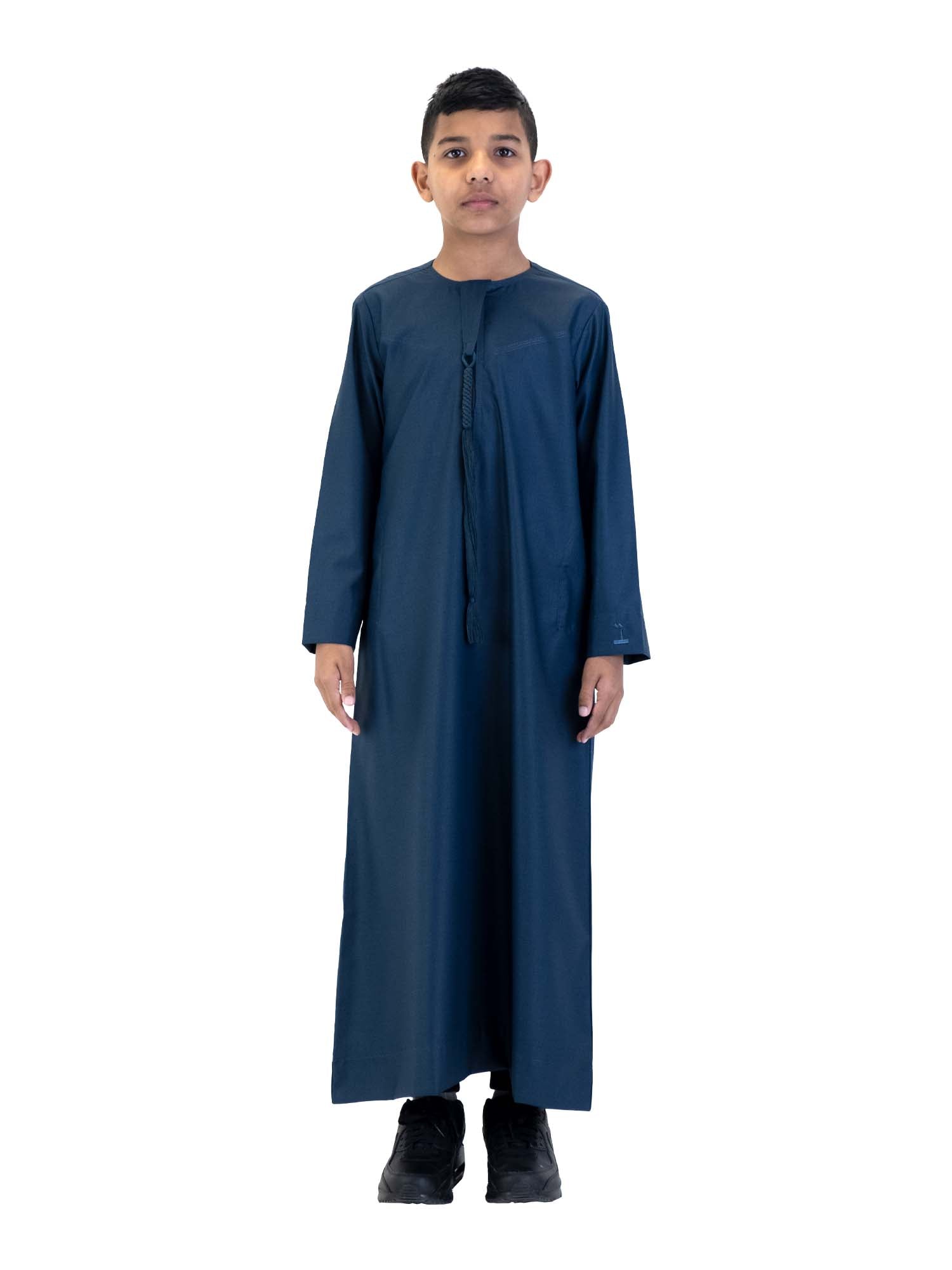 Islamic Impressions Boy's Omani Tassel Thobe in Midnight Blue — Studio view