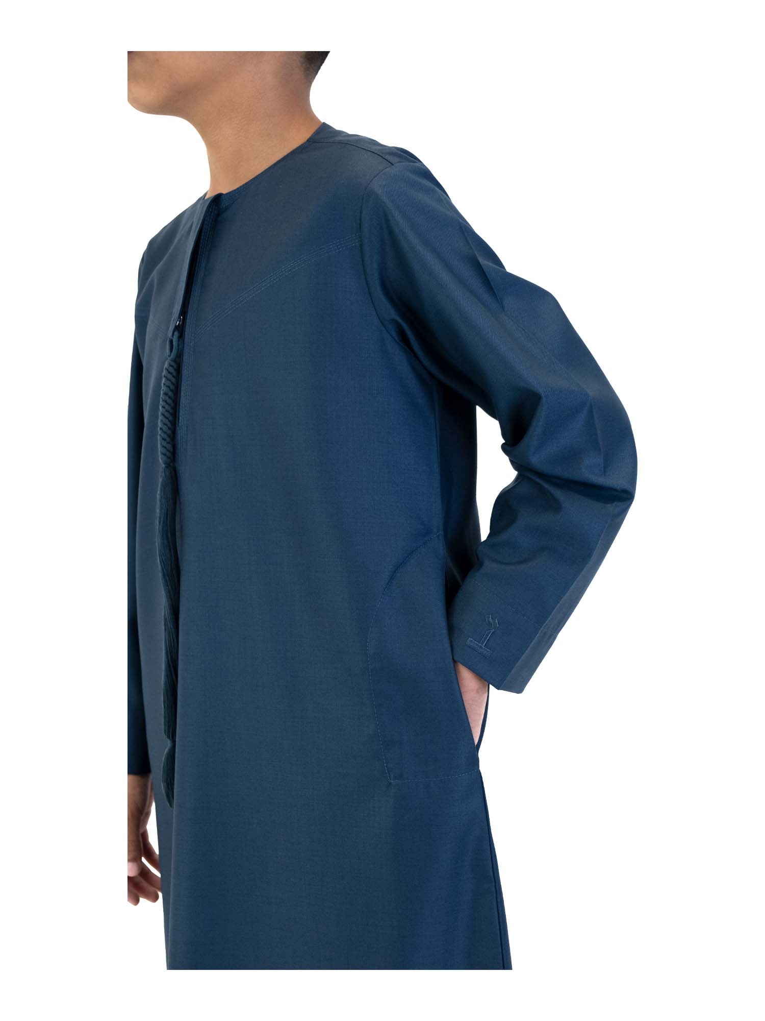 Islamic Impressions Boy's Omani Tassel Thobe in Midnight Blue — Studio view