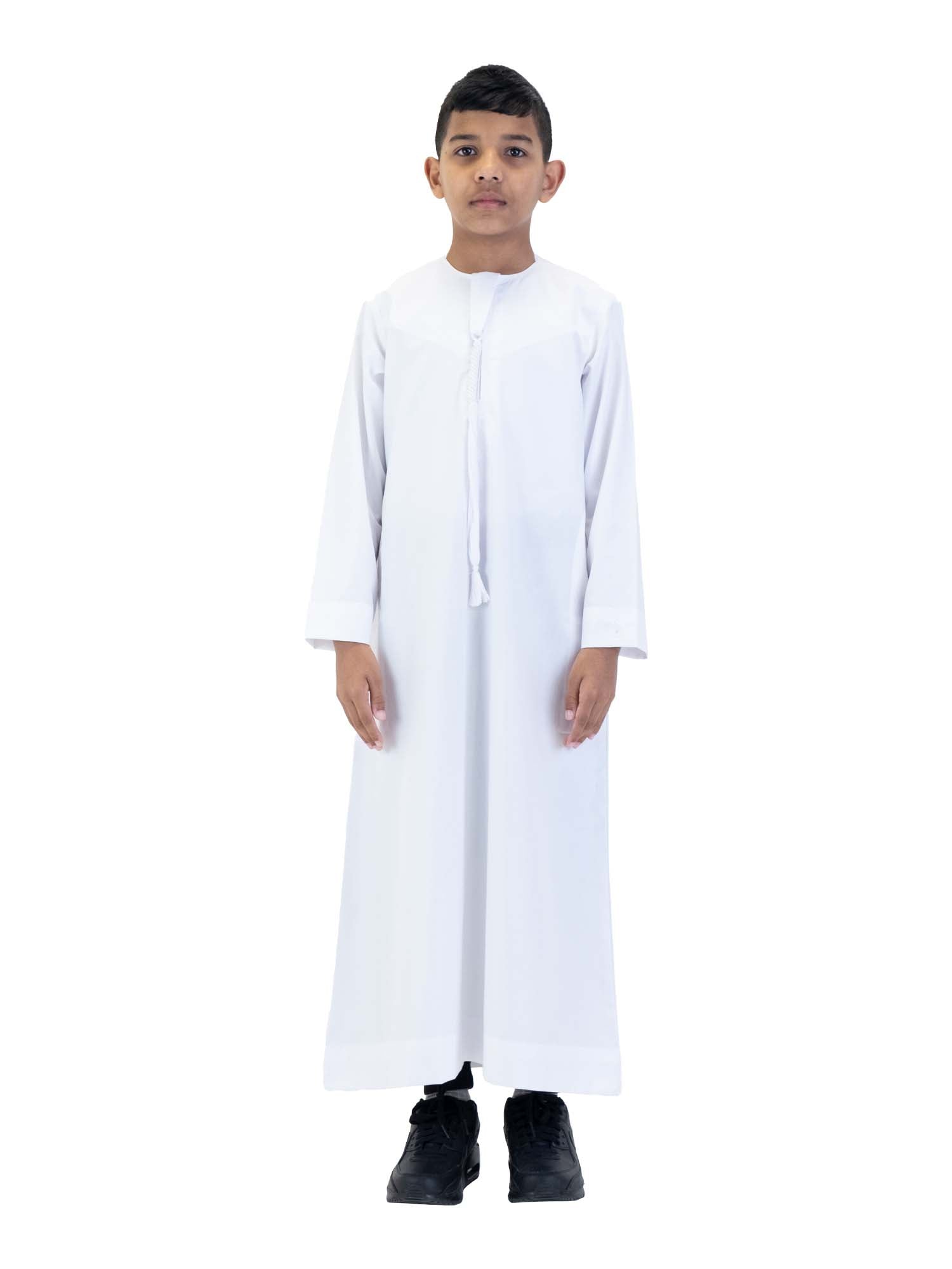 Islamic Impressions Boy's Omani Tassel Thobe in White — Studio view