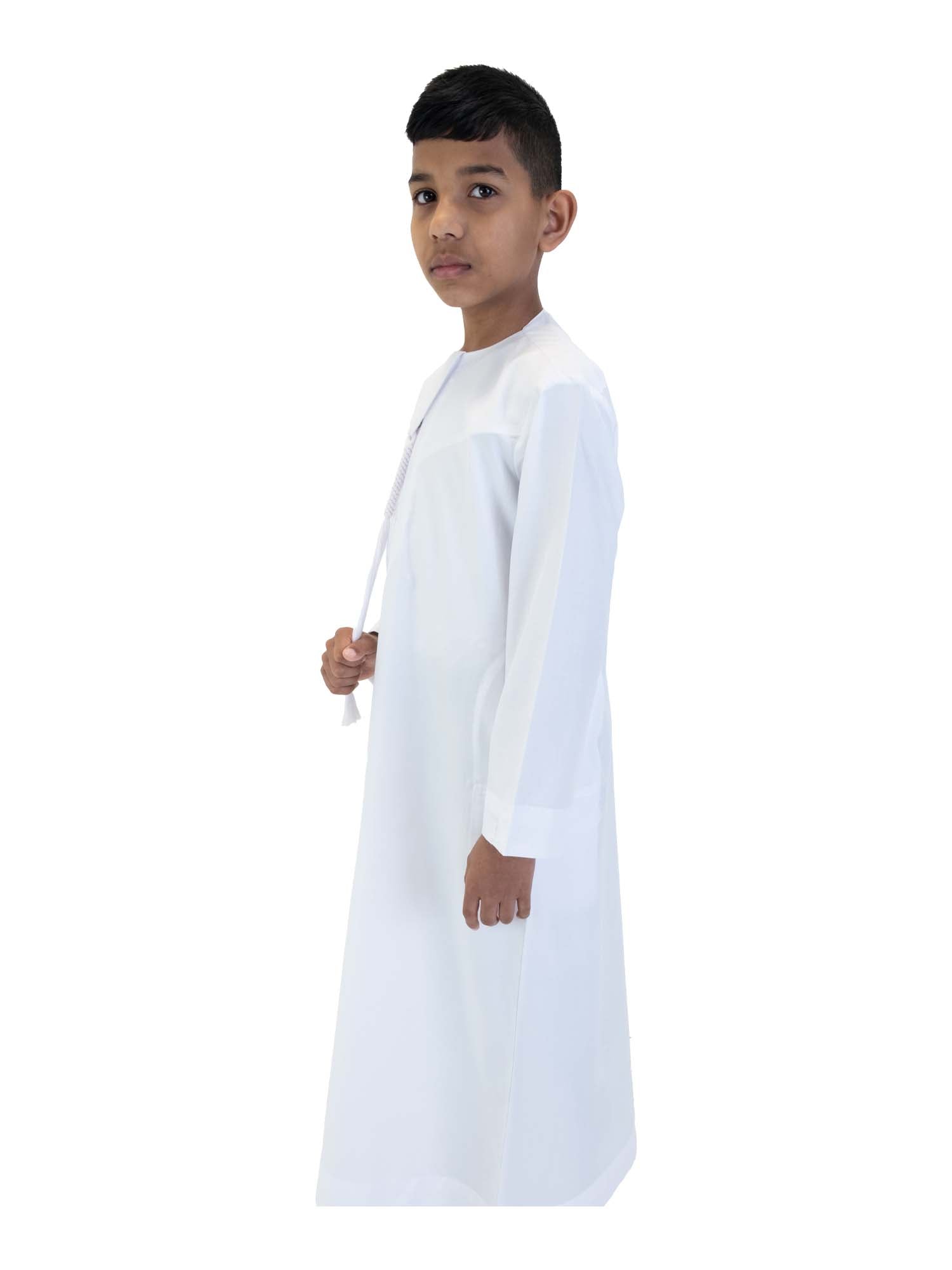 Islamic Impressions Boy's Omani Tassel Thobe in White — Studio view