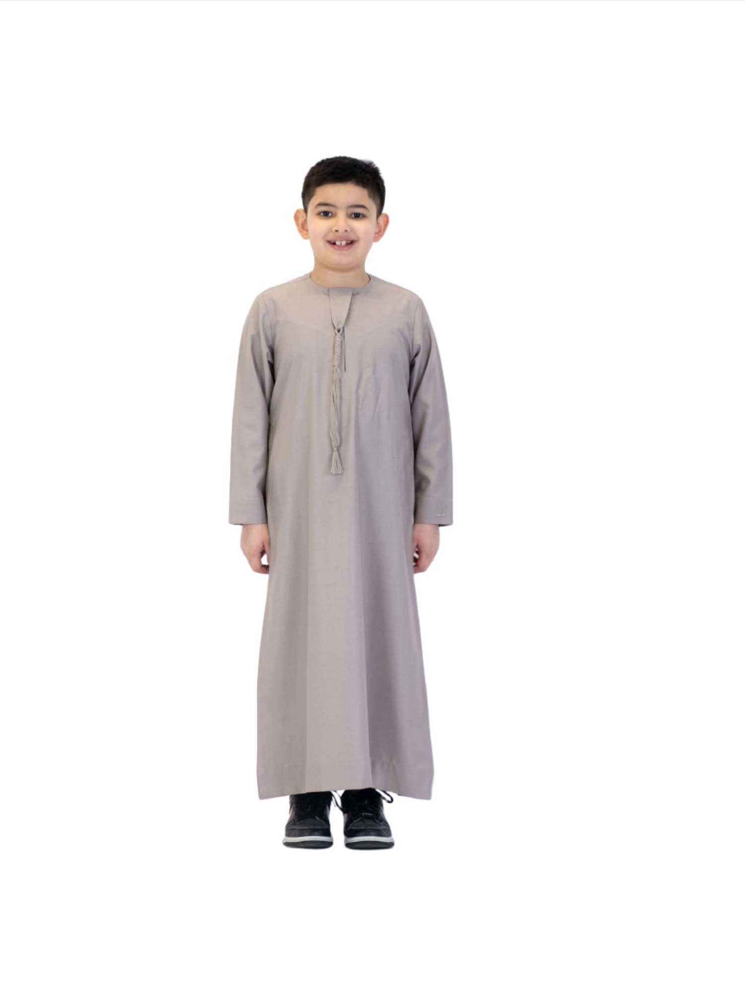 Islamic Impressions Boy's Omani Tassel Thobe in Beige — Studio view