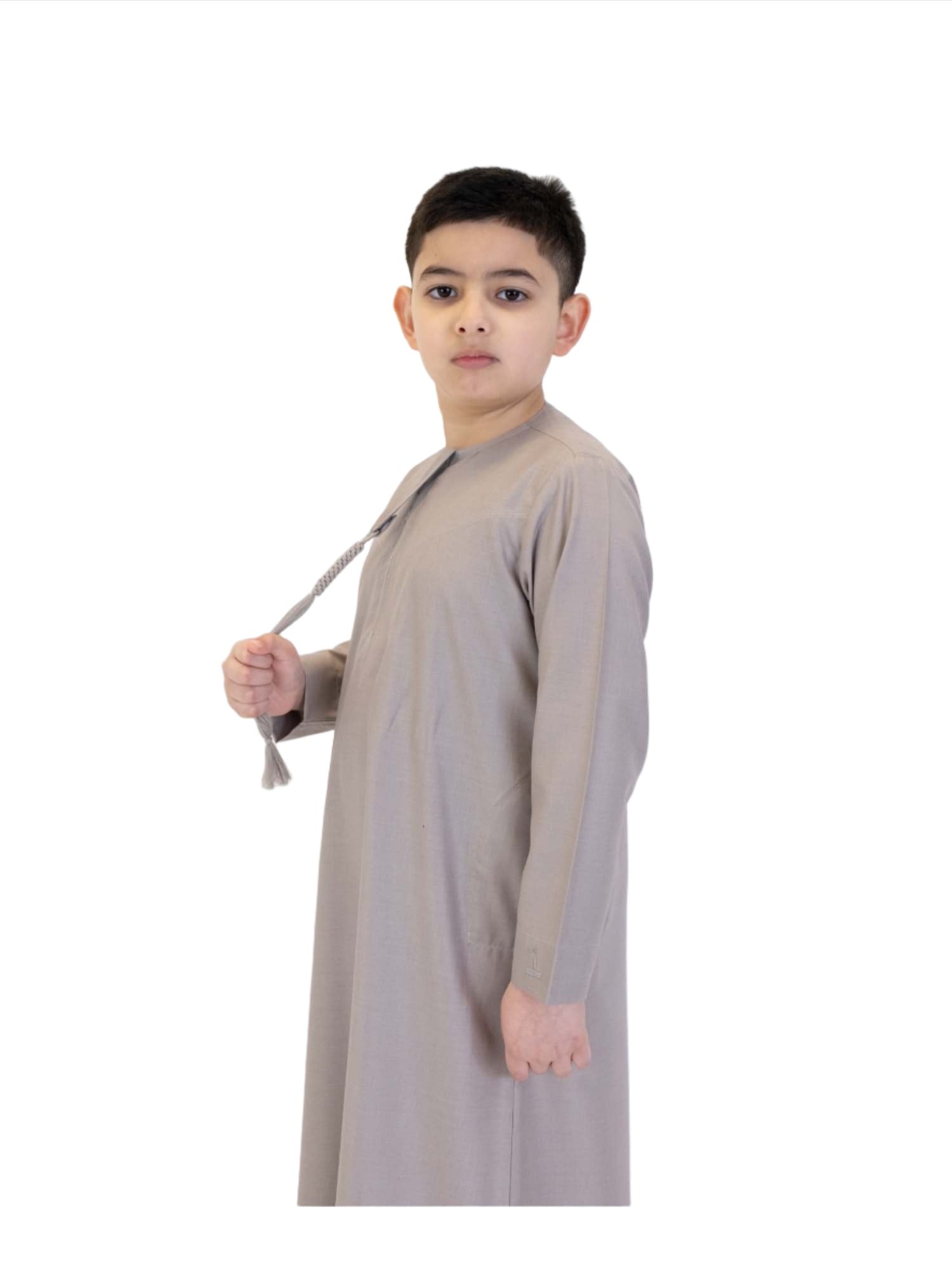 Islamic Impressions Boy's Omani Tassel Thobe in Beige — Studio view