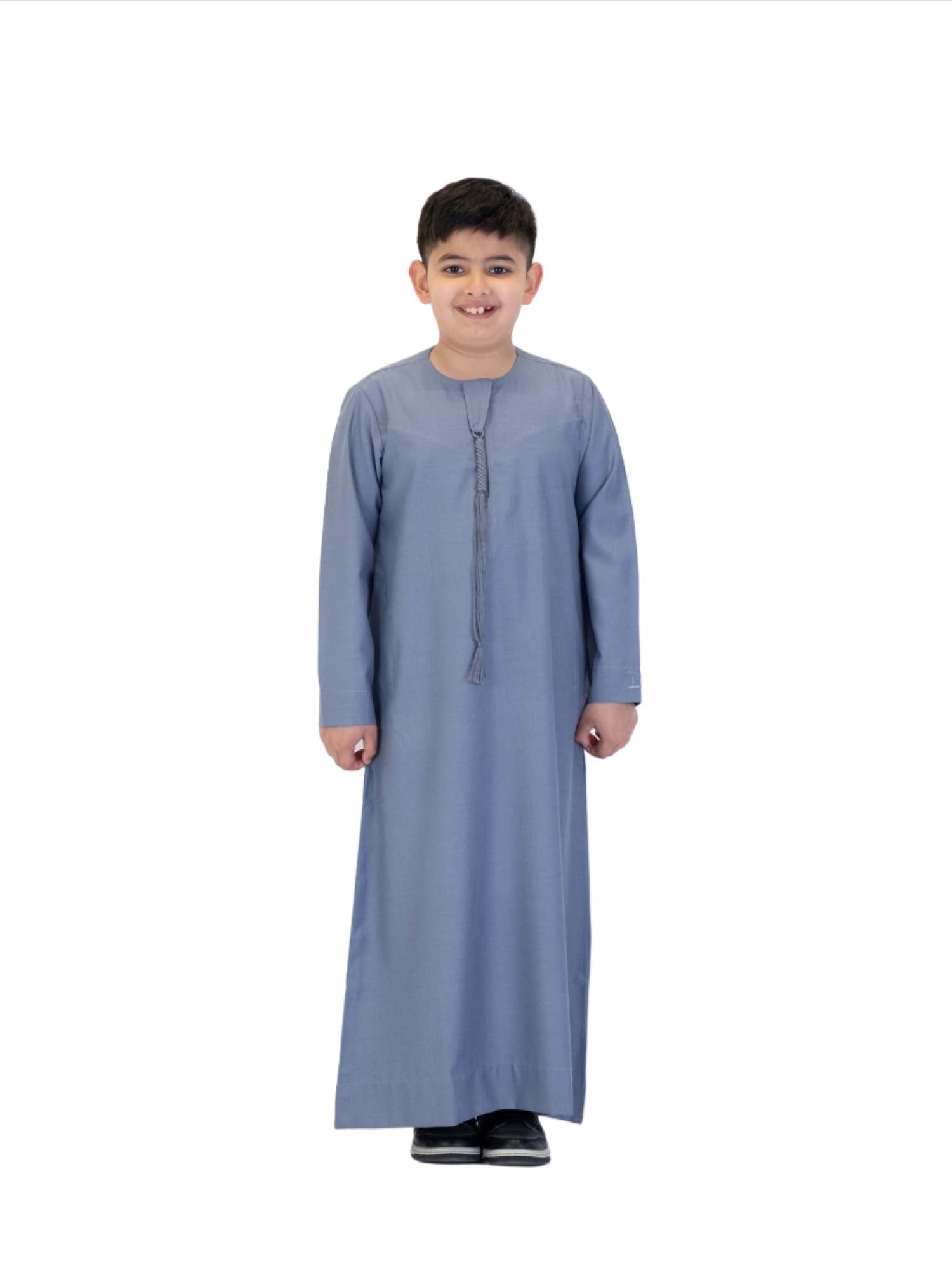Islamic Impressions Boy's Omani Tassel Thobe in Mid Blue — Studio view