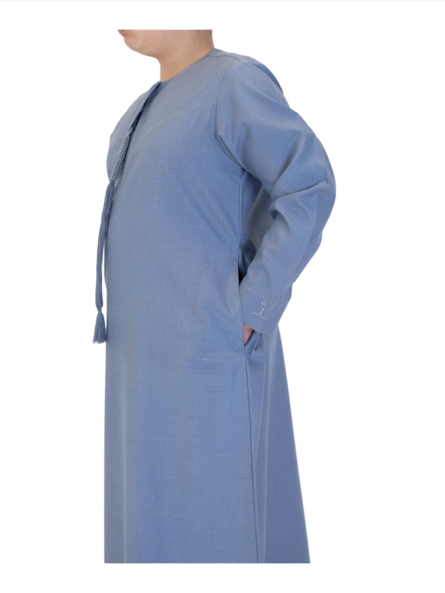 Islamic Impressions Boy's Omani Tassel Thobe in Mid Blue — Studio view