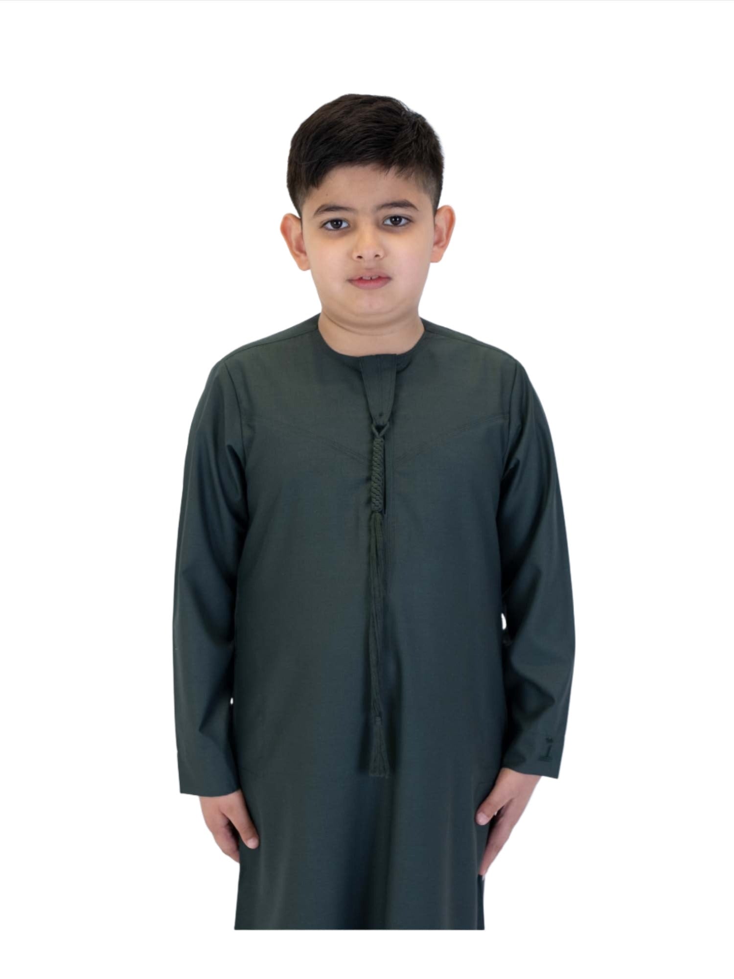 Islamic Impressions Boy's Omani Tassel Thobe in Dark Green — Studio view
