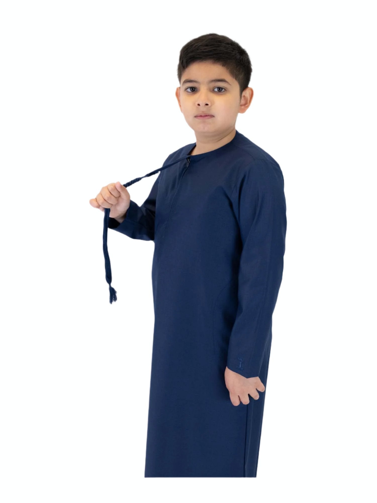 Islamic Impressions Boy's Omani Tassel Thobe in Navy — Studio view