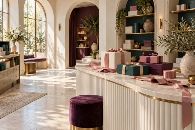 Wrapped gifts and a ribbon-lined counter in an elegant gift shop