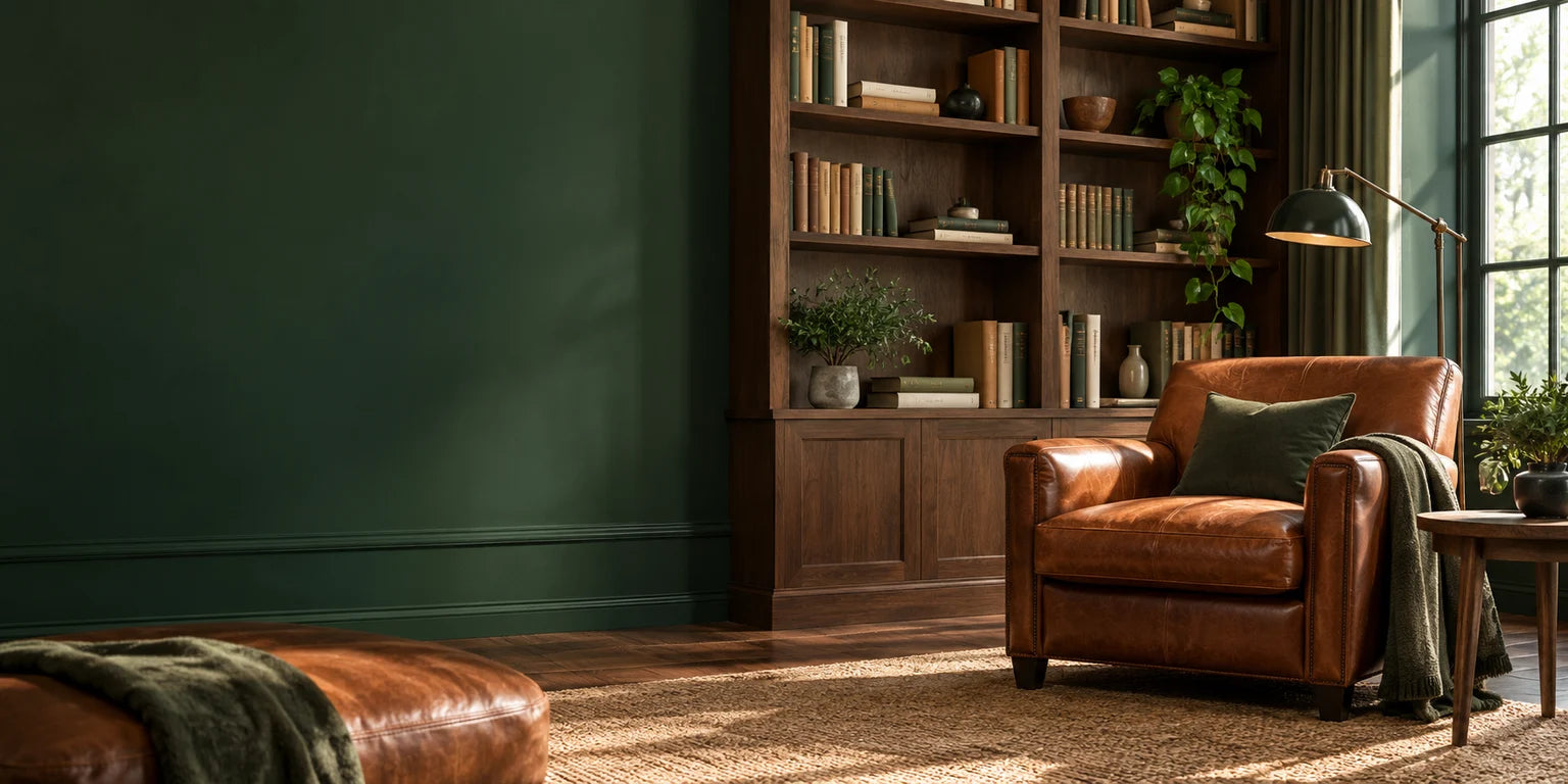 A warm green study with walnut shelves and a leather armchair