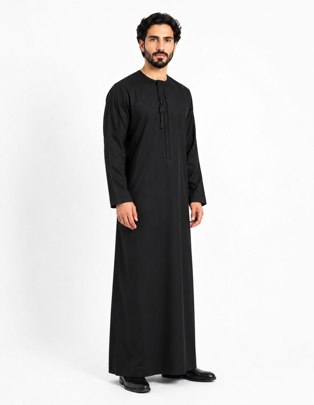 Black Hamdan thobe shown from a front three-quarter angle