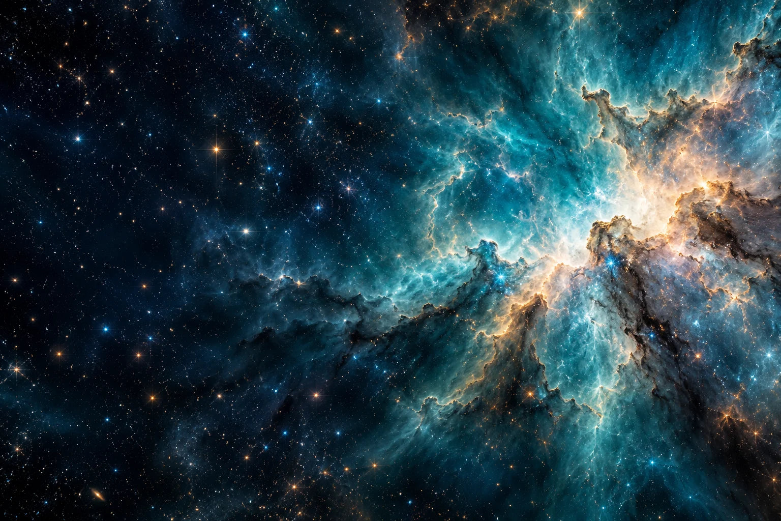 Stars and luminous clouds in a deep-space illustration