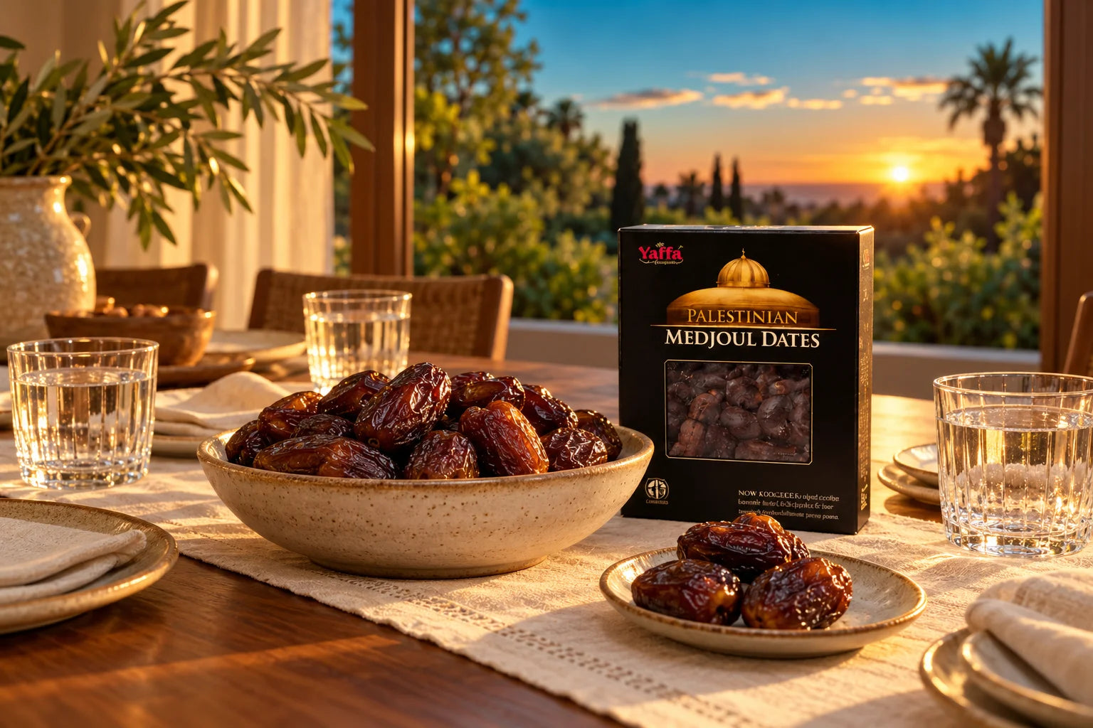 Dates and water ready to share at the table