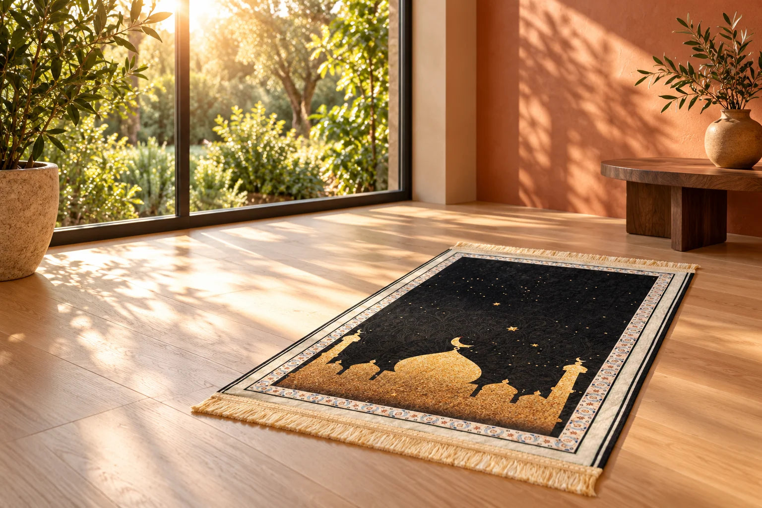 Black and gold prayer mat in a sunlit home prayer space