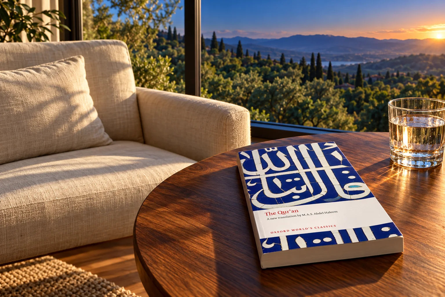 Oxford Quran translation on a walnut table beside a sunlit reading chair