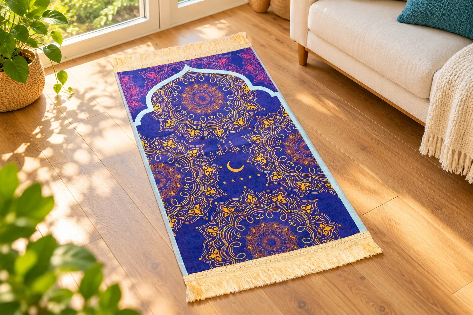 Children’s purple prayer mat in a quiet sunlit family room