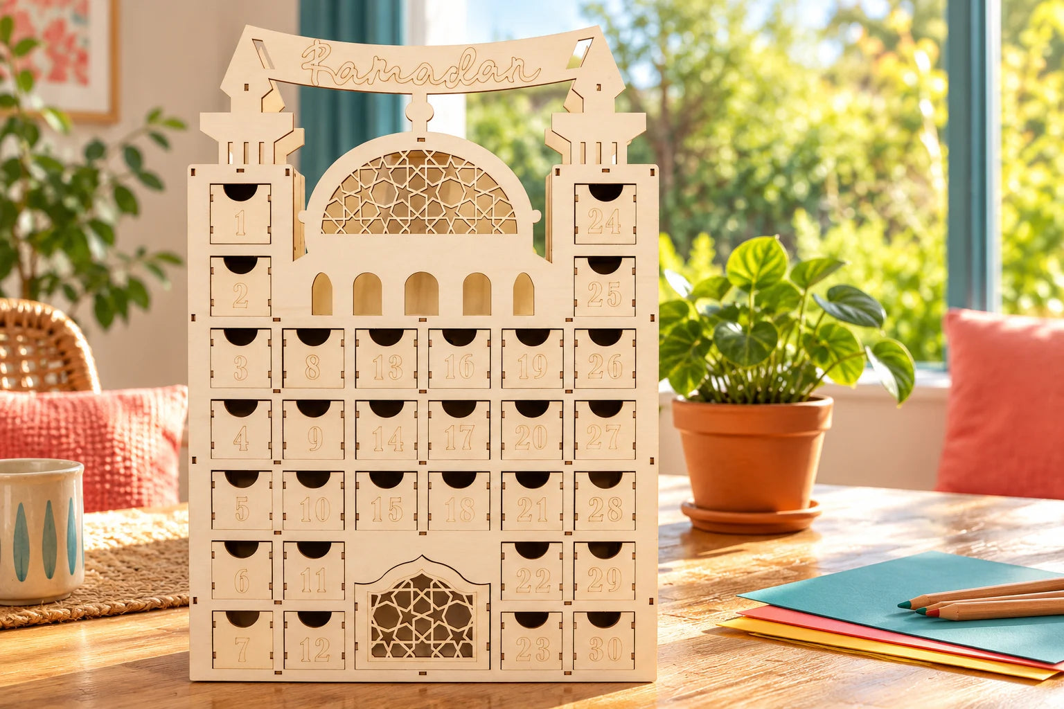 Wooden Ramadan advent calendar on a sunny family activity table