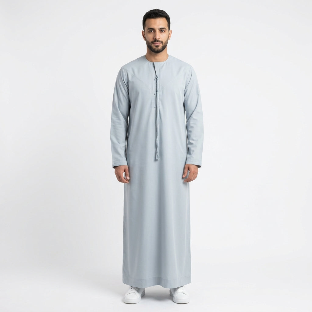 ثوب عماني انطباعات إسلامية مع شرابة - كم طويل - Light Blue