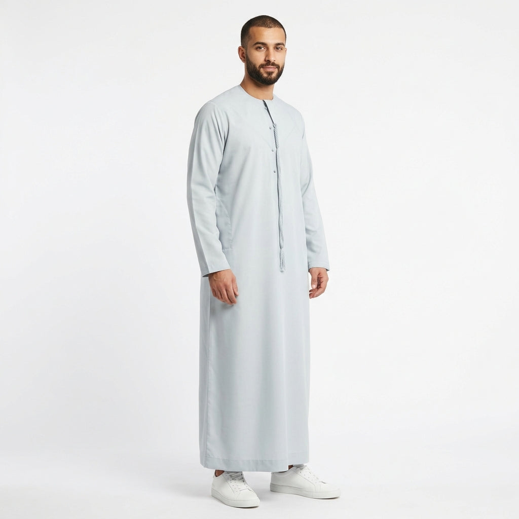 ثوب عماني انطباعات إسلامية مع شرابة - كم طويل - Light Blue