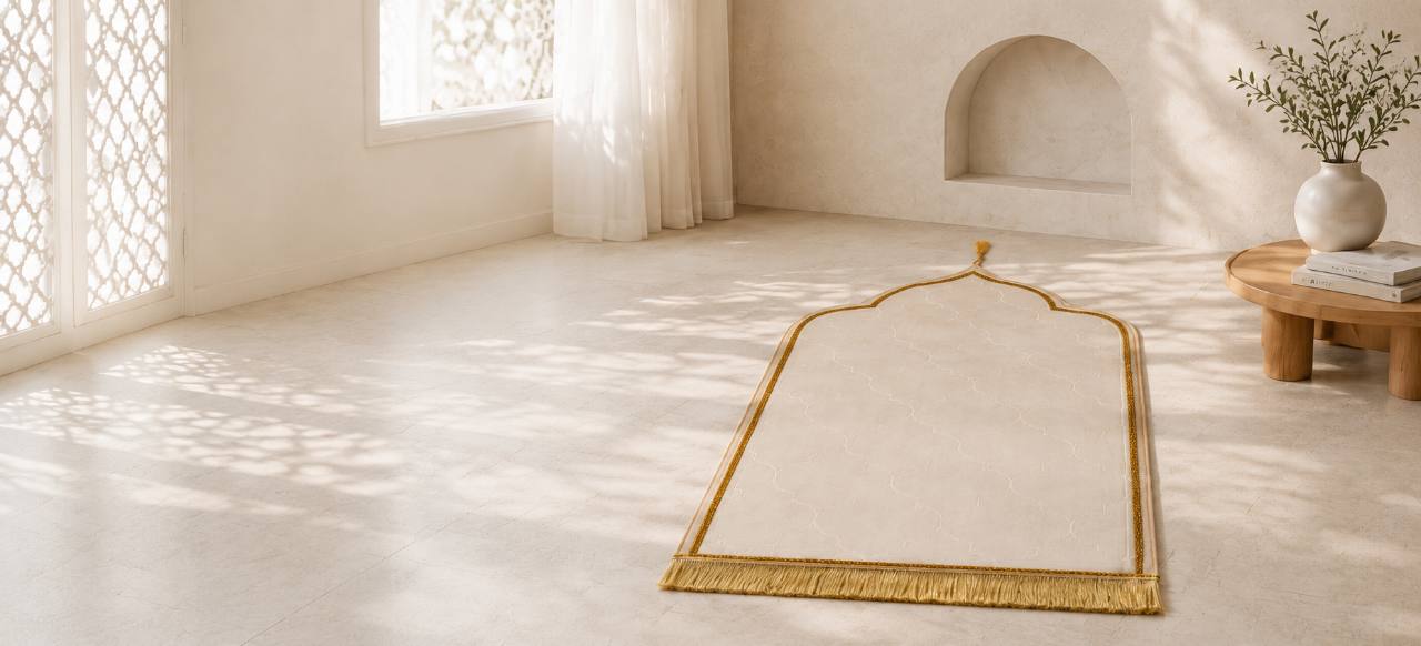 Ivory prayer mat in a calm sunlit room