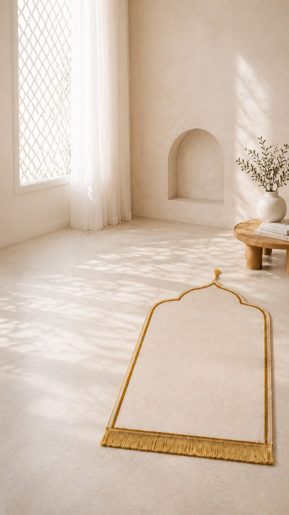 Ivory prayer mat in a calm sunlit room