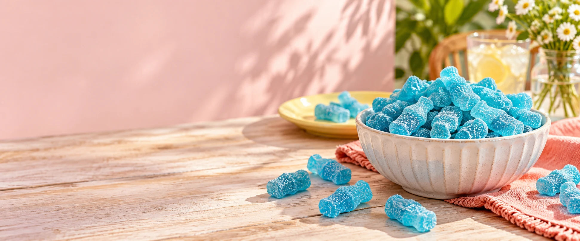 Blue raspberry bottle sweets in a bowl on a table.