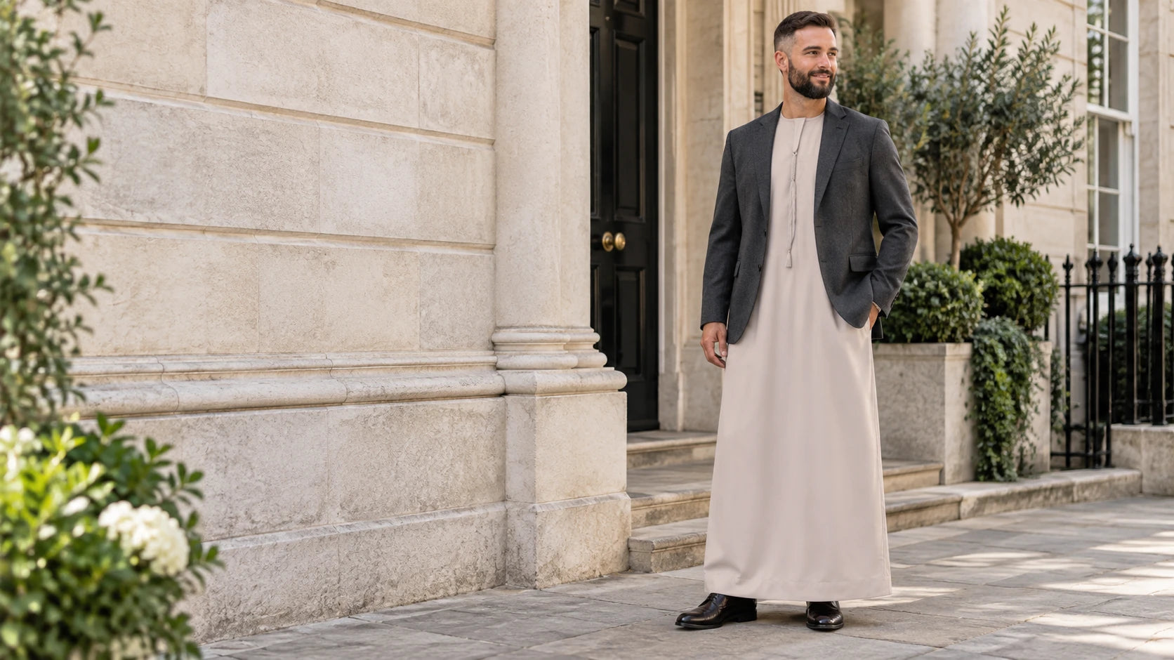 A Beige Omani thobe styled with an open charcoal blazer outside a British venue